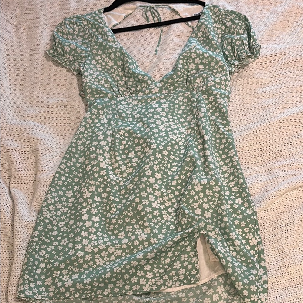 Princess Polly Green Mini Dress with puff sleeves and a fun tie back